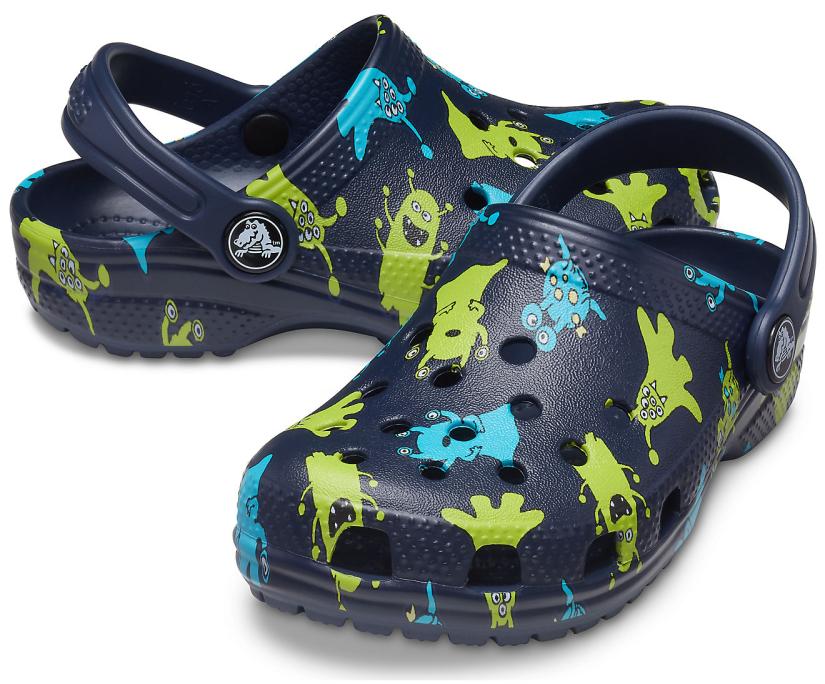 Girls/Boys Kids' Classic Monster Print Clog Navy | Crocs Clogs
