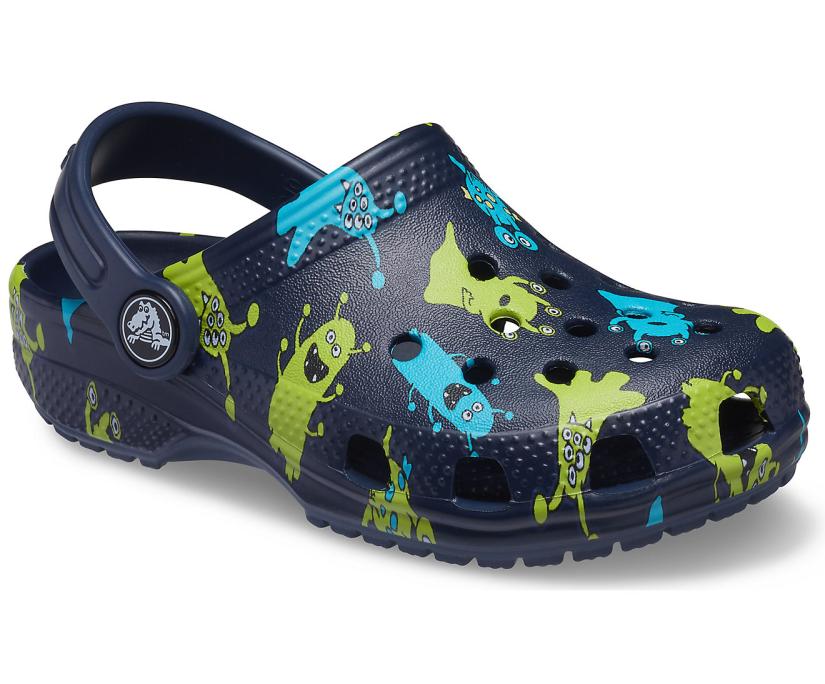 Girls/Boys Kids' Classic Monster Print Clog Navy | Crocs Clogs