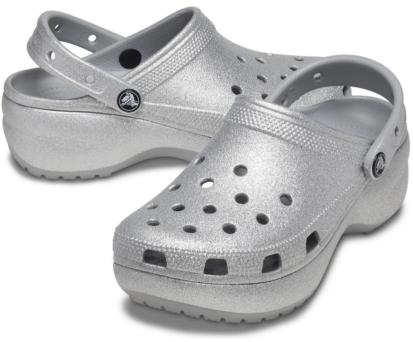 Women Classic Platform Glitter Clog Silver | Crocs Clogs