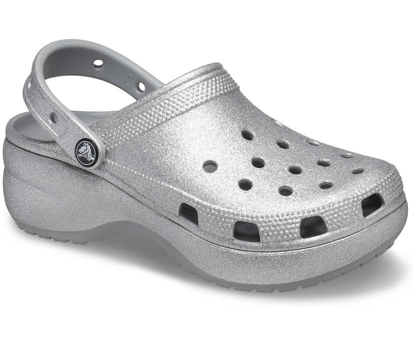 Women Classic Platform Glitter Clog Silver | Crocs Clogs