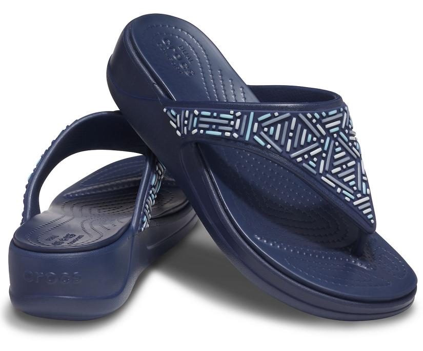 Women Crocs Monterey Beaded Wedge Flip Navy | Crocs Sandals