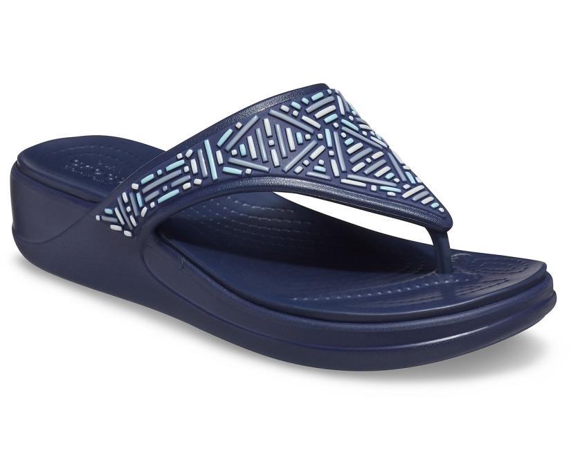 Women Crocs Monterey Beaded Wedge Flip Navy | Crocs Sandals