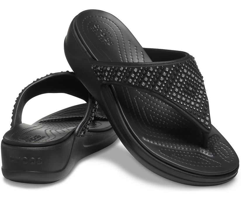 Women Crocs Monterey Shimmer Wedge Flip Black | Crocs Sandals