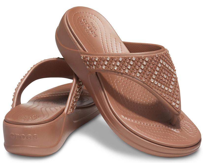 Women Crocs Monterey Shimmer Wedge Flip Bronze | Crocs Sandals