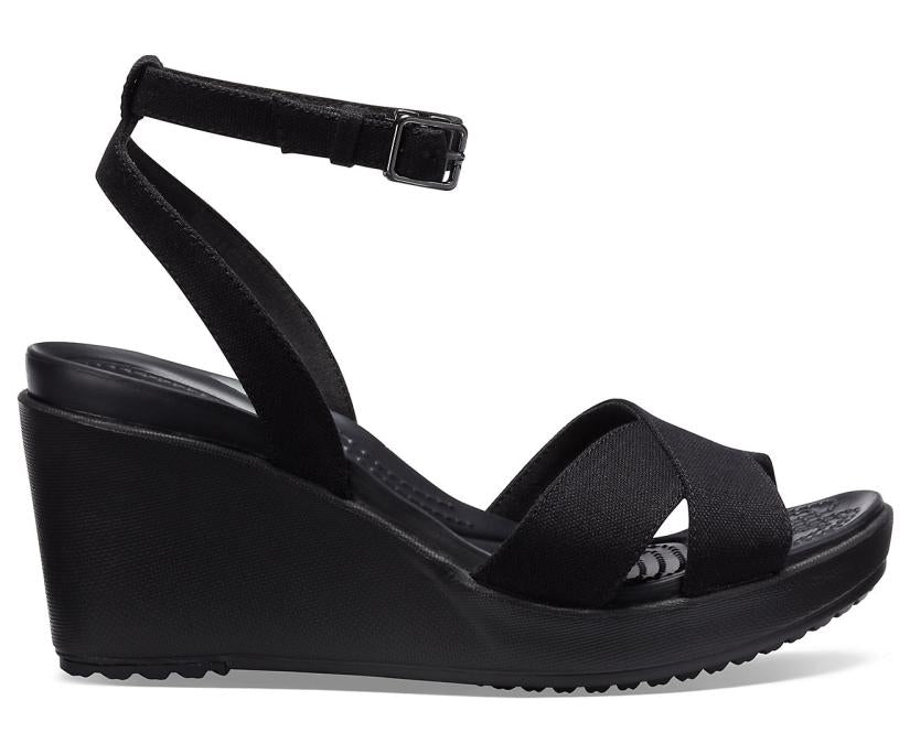 Women Leigh II Cross-Strap Ankle Wedge Black / Black | Crocs Wedges