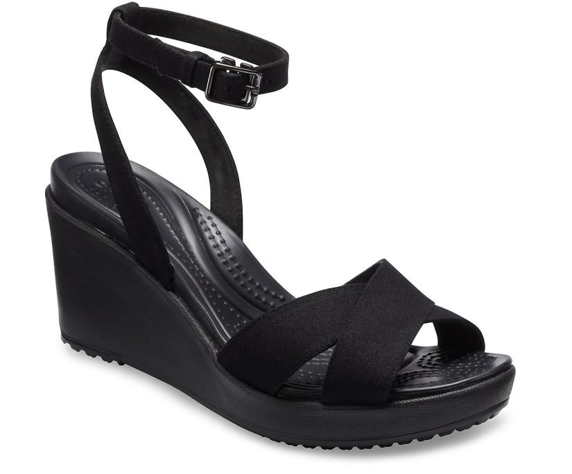Women Leigh II Cross-Strap Ankle Wedge Black / Black | Crocs Wedges