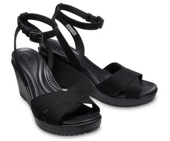 Women Leigh II Cross-Strap Ankle Wedge Black / Black | Crocs Wedges